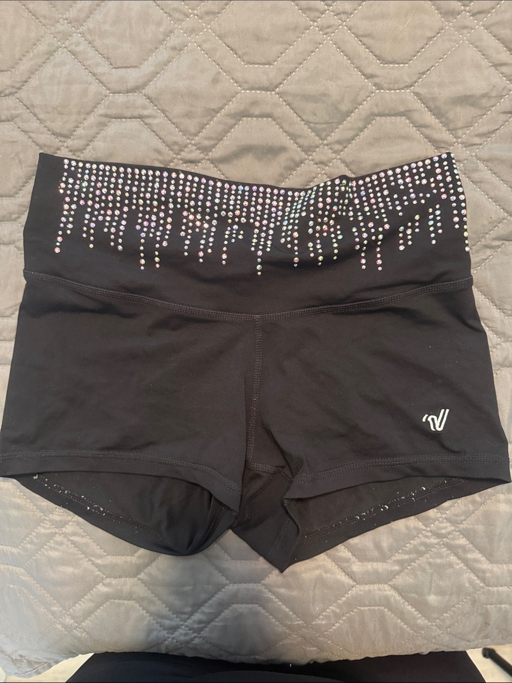Varsity Black Bike Shorts with Iridescent Rhinestone Waistband